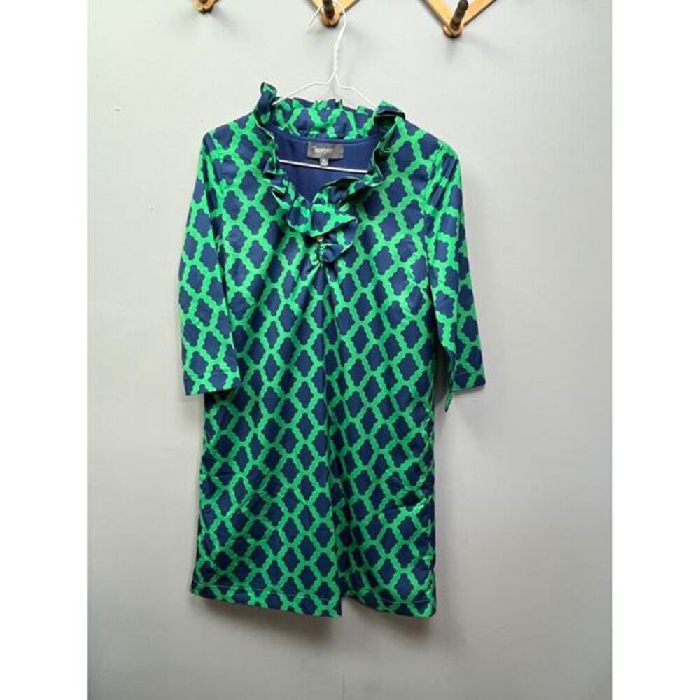 SAWYER blue/green Womens XS sheath dress with ruffled neckline Fully lined‎ NEW